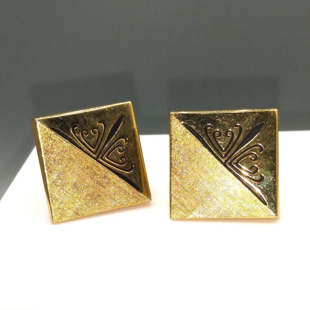 Vintage Swank Cuff Links, Brushed Gold Tone and Black, Mid Century Cufflinks